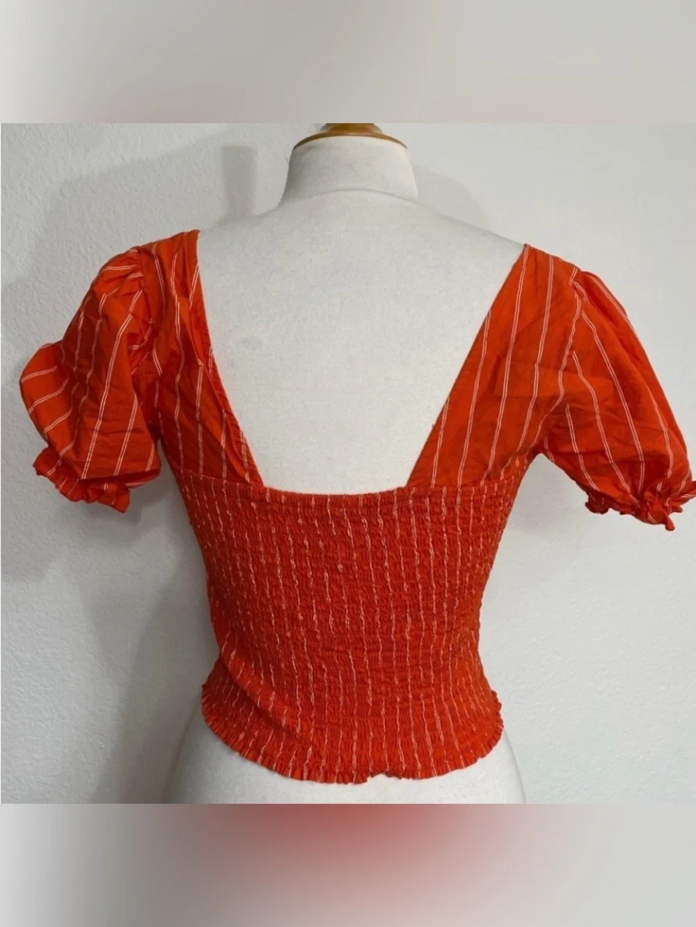 Free People Womens Orange White Stripe Puff Sleeve Smock Blouse Size Medium Boho